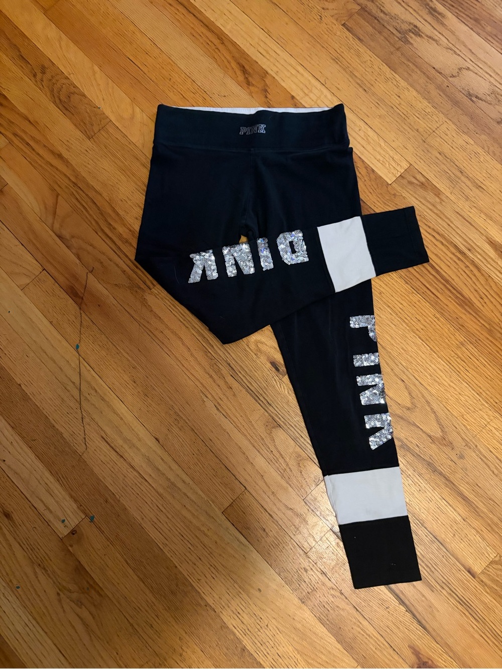 Pink Kids' Black Leggings with Silver Sequin Logo